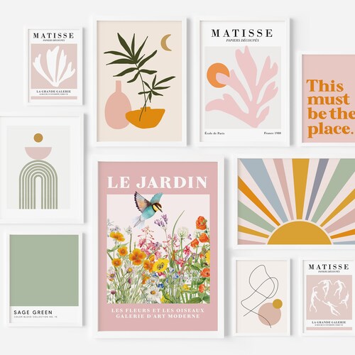 Gallery Wall Set Colorful Prints Pink Wall Art Green Etsy