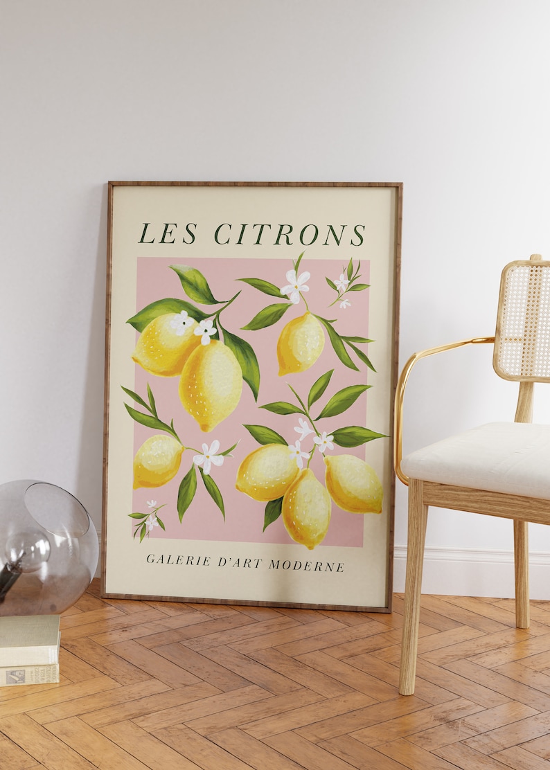 Pode incluir: Uma impress&atilde;o emoldurada com fundo rosa e uma ilustra&ccedil;&atilde;o estilizada de lim&otilde;es e flores brancas. O texto "LES CITRONS GALERIE D'ART MODERNE" est&aacute; impresso na parte superior e inferior da imagem.