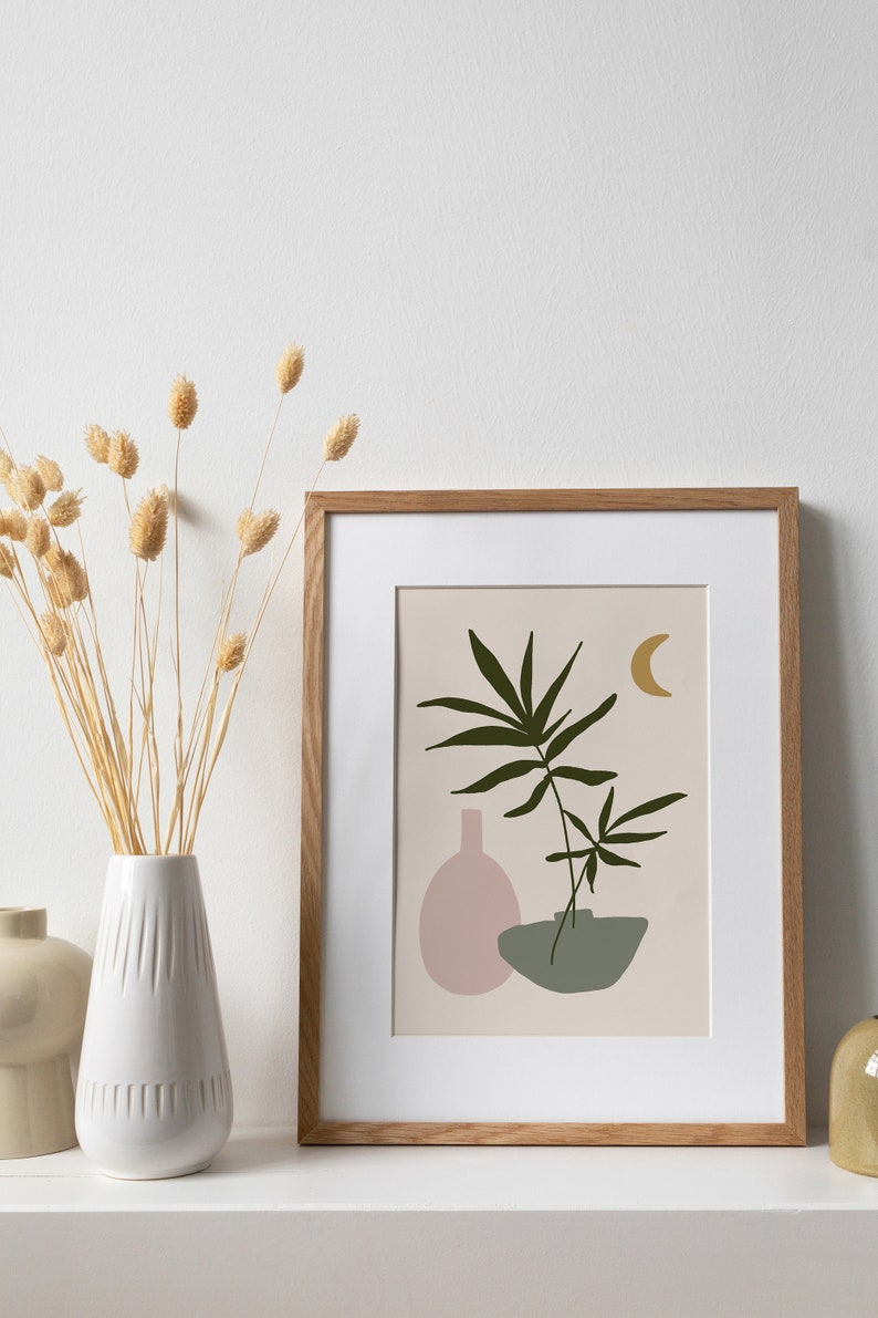 green and pink wall art boho art print sage green decor
