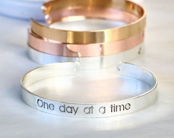 One day at a time Engraved Bracelet. Inspirational Gift. Motivation Jewelry Bangle. Motivational Gift. Plated Copper Engraved Jewelry Cuff.