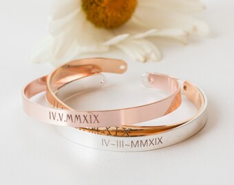 Roman Numerals Bracelet Customized. Plated Copper Bracelet. Cuff Personalized With Roman Numbers. Date Cuff Jewelry. Number Bracelet