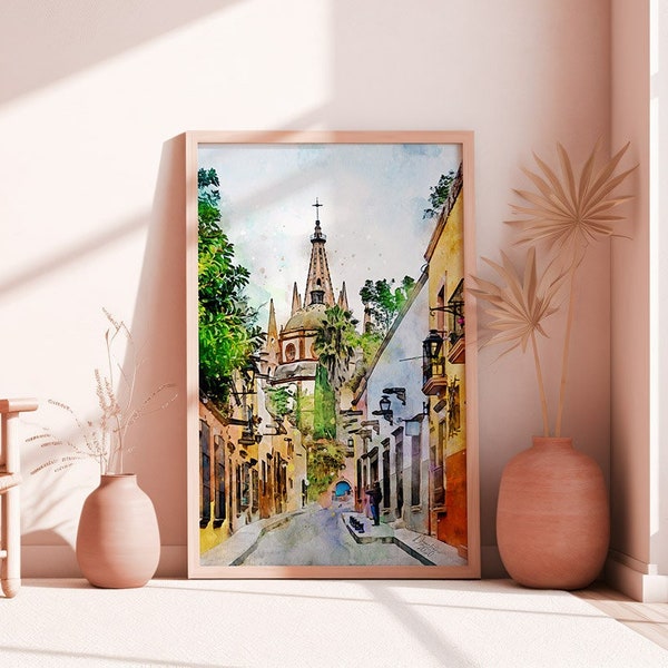 Calles de San Miguel de Allende Acuarela Impresión México Arte Premium Calidad Cartel de viaje Artful Wall Decor Unframed Wall Art