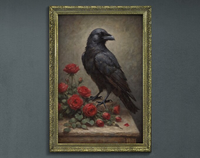 Moody Dark Raven Wall Art, Dark Academia Decor, Rustic Dark Cottagecore Decor, Moody Cottagecore Wall Art, Dark Moody Framed Retro Wall Art