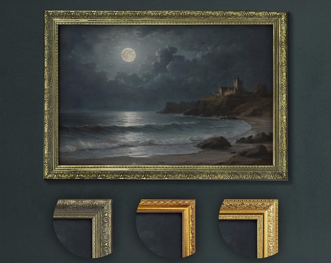 Night Seascape Art Print: Moody Dark Academia Castle Decor