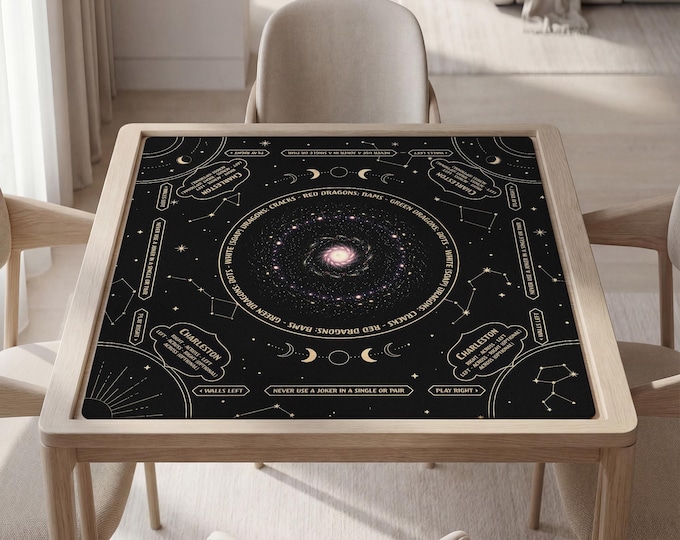 Personalized Mahjong Mat with Instructions: Celestial Galaxy Pattern - Black and Gold, Bag Included