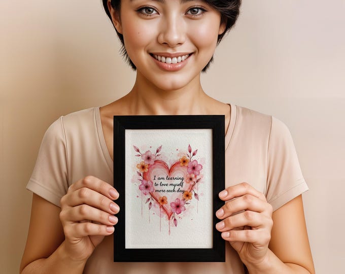 Self Love Affirmational Wall Art: Watercolor Heart with Flowers, Motivational Quote, 5x7 in
