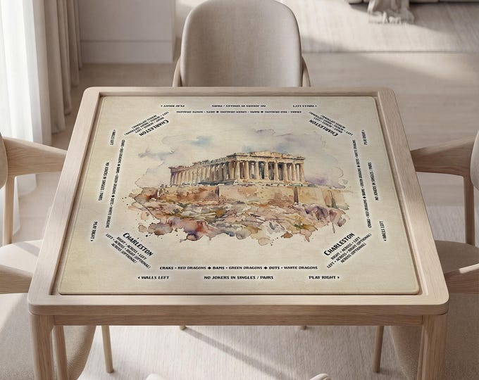 Personalized Athens Acropolis Watercolor Mahjong Mat with Instructions (Rules)