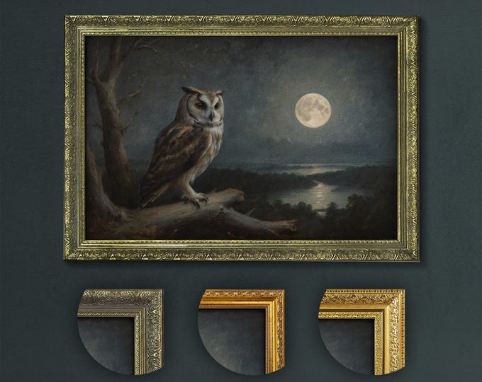 Mystical Owl Under Moonlight Print, Dark Academia Nocturnal Art, Gothic Owl Wall Art, Enigmatic Full Moon Night, Vintage Style Wall Art