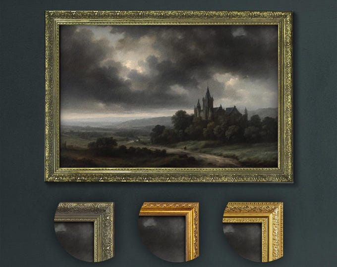 Dark Academia Art Print, Majestic Gothic Castle in Stormy Landscape, Moody Sky and Ancient Architecture, Vintage Style Atmospheric Decor