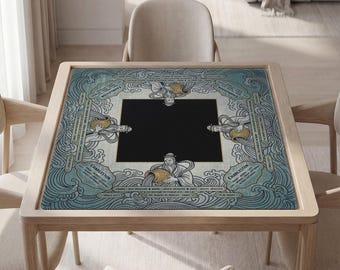 Personalized Aquarius Mahjong Mat with Instructions (Rules), Zodiac Design, Teal Gold