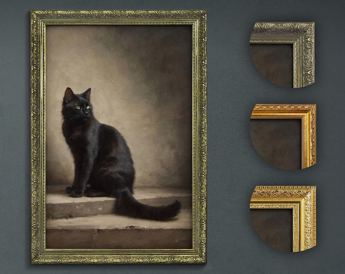 Black Cat Portrait Print: Dark Academia Decor, Choice of Frames