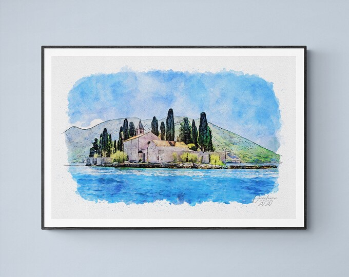 Sveti Djordje Kotor Watercolor Print Sveti Juraj Montenegro Art Premium Quality Travel Poster Artful Wall Decor Unframed Wall Art