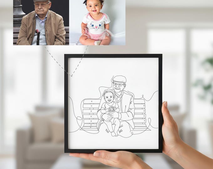 Minimalist One Line Portrait - Grandparent and Grandchild Digital Art