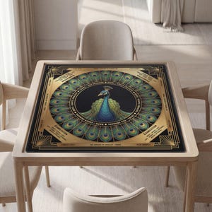 Personalized Mahjong Mat with Instructions (Rules): Elegant Peacock Design