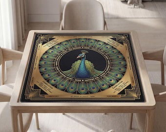 Personalized Mahjong Mat with Instructions (Rules): Elegant Peacock Design