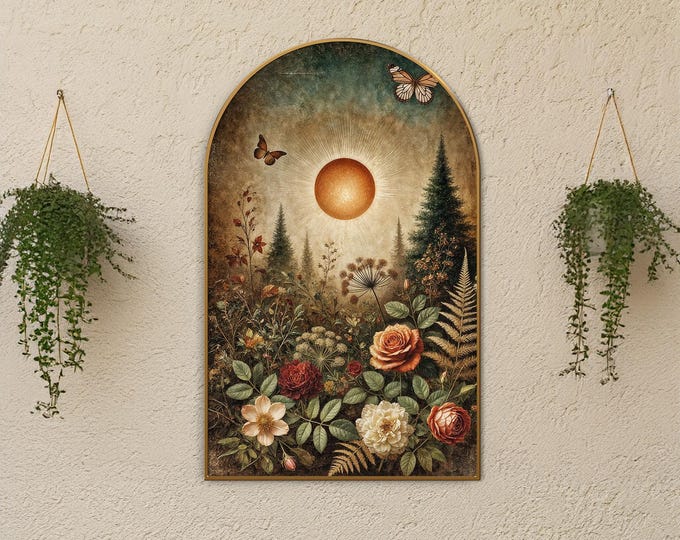 Dark Cottagecore Sun Canvas Print, Enchanted Woodland Floral Arch, Rustic Boho Decor, Mystical Botanical Wall Art, Fairycore Golden Sun Vibe