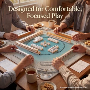 A group of people playing dominoes on a table, with a focus on the game board and pieces.