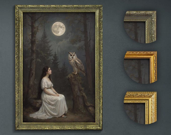 Moonlit Forest Art Print, Woman and Owl Under Full Moon, Dark Academia Wall Decor, Mysterious Night Scene, Romantic Gothic Home Artwork