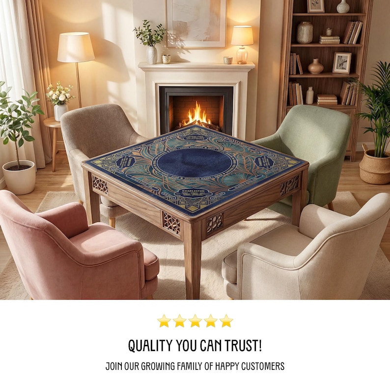 a cozy living room with a fireplace, a table with a blue and gold tablecloth, and four chairs arranged around the table. The room is decorated with various plants and vases, creating a warm and inviting atmosphere.