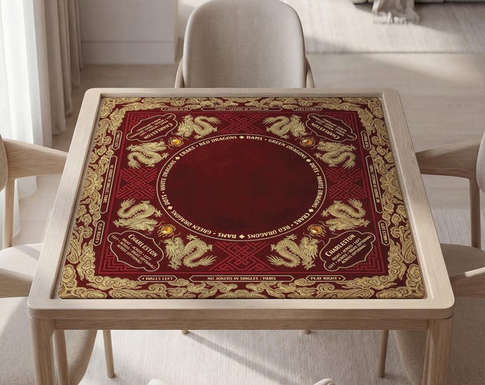 Personalized Red Golden Dragon Mahjong Mat with Rules (Instructions), Bag Included