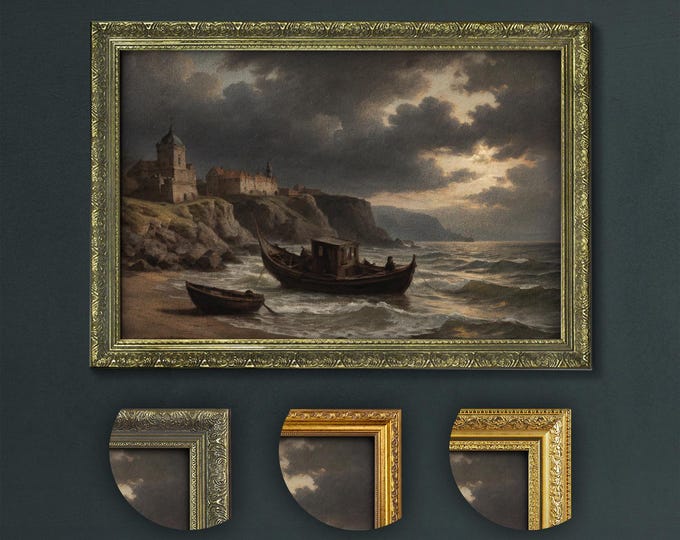 Stormy Seascape Art Print, Dark Academia Coastal Wall Decor, Dramatic Ocean Waves, Castle View, Gothic Nautical Painting, Home Decor