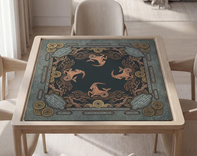 Capricorn Mahjong Mat: Personalized Zodiac Design in Gold & Teal, Bag Included
