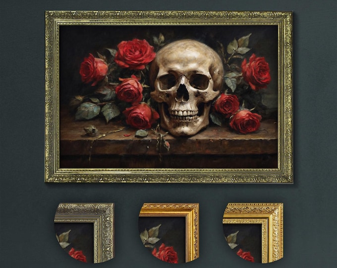 Victorian Skull and Roses, Dark Academia Art Print, Gothic Wall Decor, Romantic Memento Mori Art, Antique Inspired Skull and Flowers Artwork