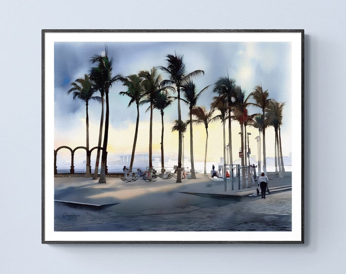 Puerto Vallarta Malecon Watercolor Print Mexico Art Premium Quality Travel Poster Artful Wall Decor Unframed Wall Art