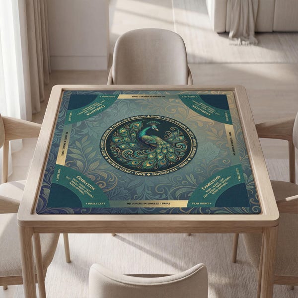Mahjong Playing Mat with Instructions (Rules): Elegant Peacock Design - Personalized