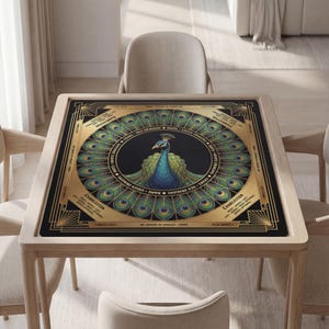 Custom Mahjong Mat, Peacock Design, Soft Polyester | Non-Slip Backing, Carry Pouch