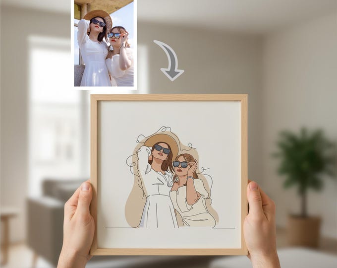 Friendship Portrait Digital Art, Minimalist Line Drawing (Custom from Photo)