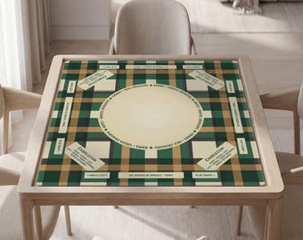Personalized Mahjong Mat, Plaid Green Beige, Polyester Top, Rubber Backing, Quiet Game