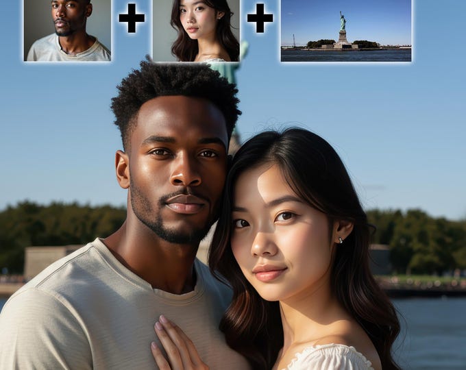 Couples Travel Portrait, Photo Merge, Realistic Digital Art (Printable)