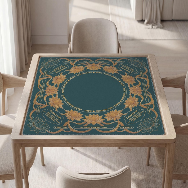 a square table with a decorative tablecloth featuring a floral design in shades of green and gold. The table is surrounded by four chairs, and the background includes a couch and a window.