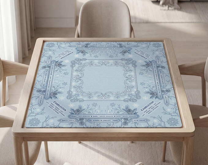 Personalized Mahjong Mat with Instructions (Rules): Winter Blue Botanical Pattern