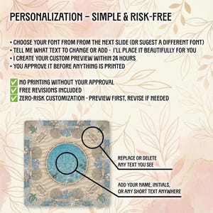 The image is a promotional poster for a personalized customization service. It features a close-up of a patterned background with a magnifying glass highlighting a specific detail. The text on the poster provides information about the customization service, including options for font selection, text changes, free custom preview, and zero-risk customization. The text also includes instructions for replacing or deleting text, as well as options for adding a name, initials, or short text.