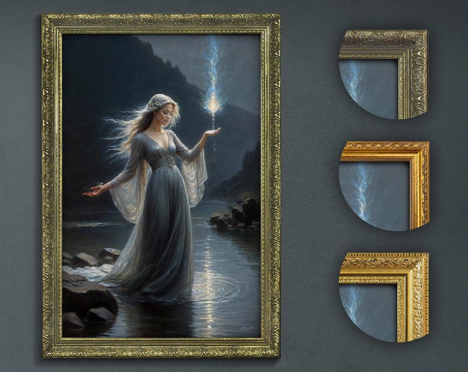 Mystical Lady of the Lake Art Print, Enchanted Water Nymph Portrait, Dark Academia Fantasy Art, Magical Night Scene, Ethereal River Goddess