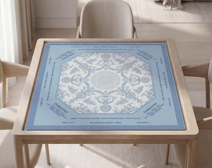 Personalized Mahjong Table Mat with Instruction: Blue Porcelain Style, Custom Text