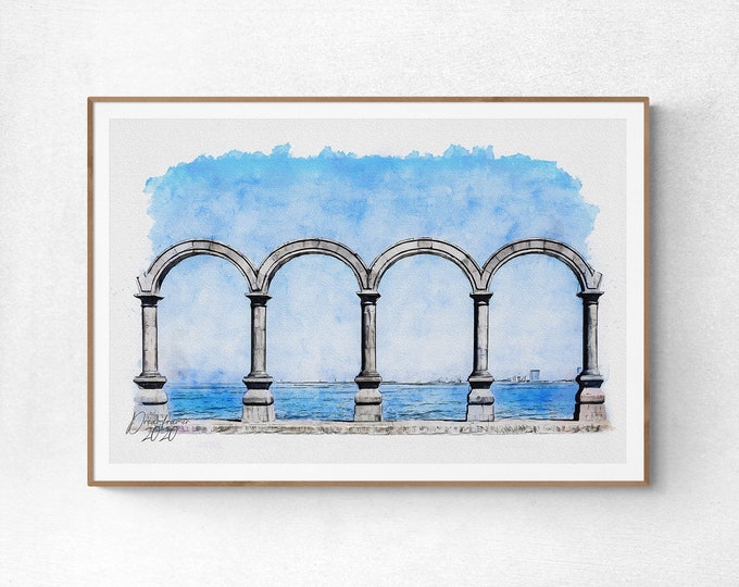 Los Arcos in Puerto Vallarta Watercolor Print Mexico Art Premium Quality Travel Poster Artful Wall Decor Unframed Wall Art