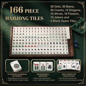 The image is an advertisement for a Mah Jongg tile set, featuring a large Mah Jongg tile set with various pieces and a smaller set of tiles.