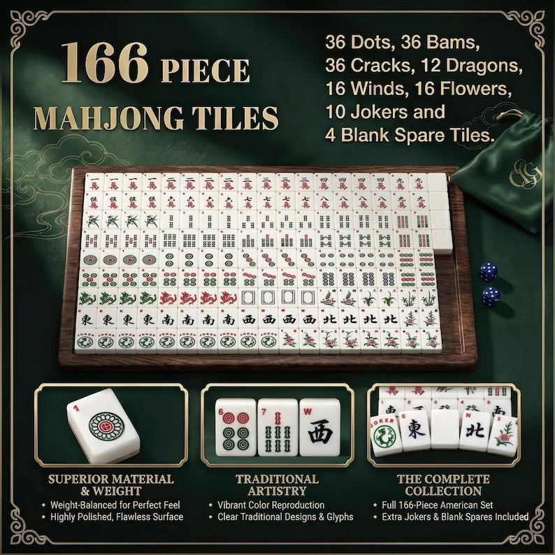 The image is an advertisement for a Mah Jongg tile set, featuring a large Mah Jongg tile set with various pieces and a smaller set of tiles.