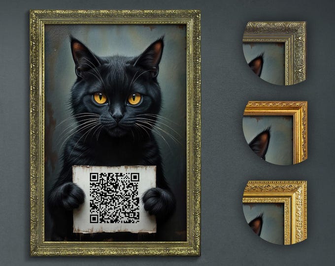 Funny Cat Bathroom Art: Custom QR Code Dark Academia Decor