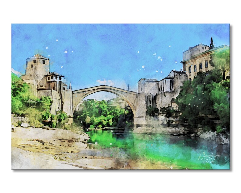 Mostar Wall Art Poster Bosnia and Herzegovina Watercolor Wall Art Mostar on a Sunny Day Watercolor Print