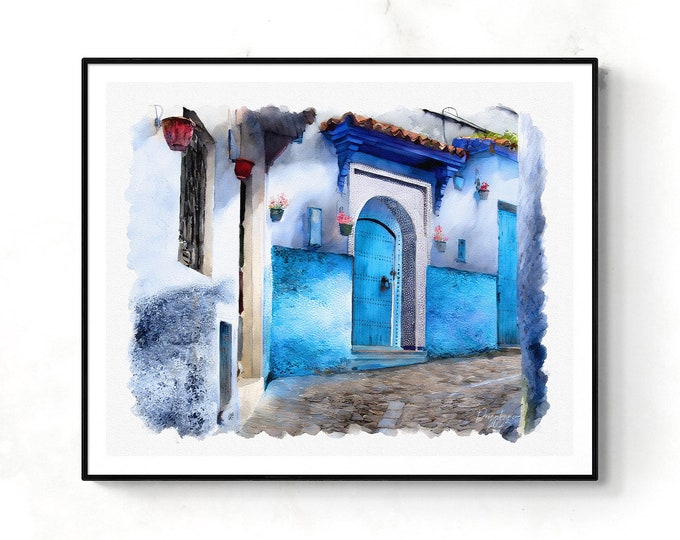 Artful Morocco Print, Moroccan Wall Art, Moroccan Blue City Chaouen Poster, Custom Personalized Artful Gift for Art Lovers, Unframed Print