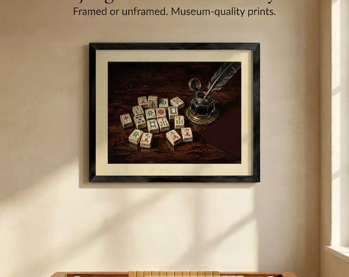 Dark Academia Mahjong Still Life Art Print Moody Vintage Strategy Oil Painting