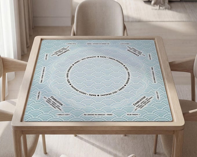 Personalized Mahjong Mat with Instructions (Rules): Blue Seigaiha Design