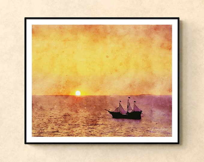 Artful México Gift, Famous Pirate Ship in Puerto Vallarta at Sunset, Custom Personalized Artful Gift for Art Lovers, Unframed Print