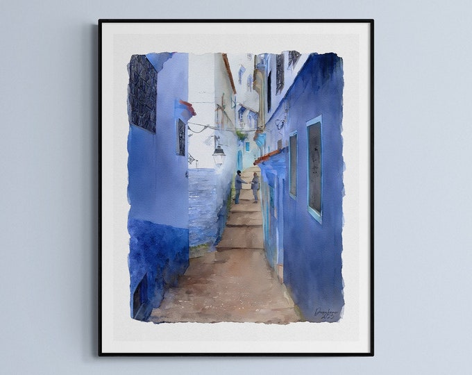 Artful Morocco Print, Moroccan Wall Art, Moroccan Blue City Chaouen Poster, Custom Personalized Artful Gift for Art Lovers, Unframed Print