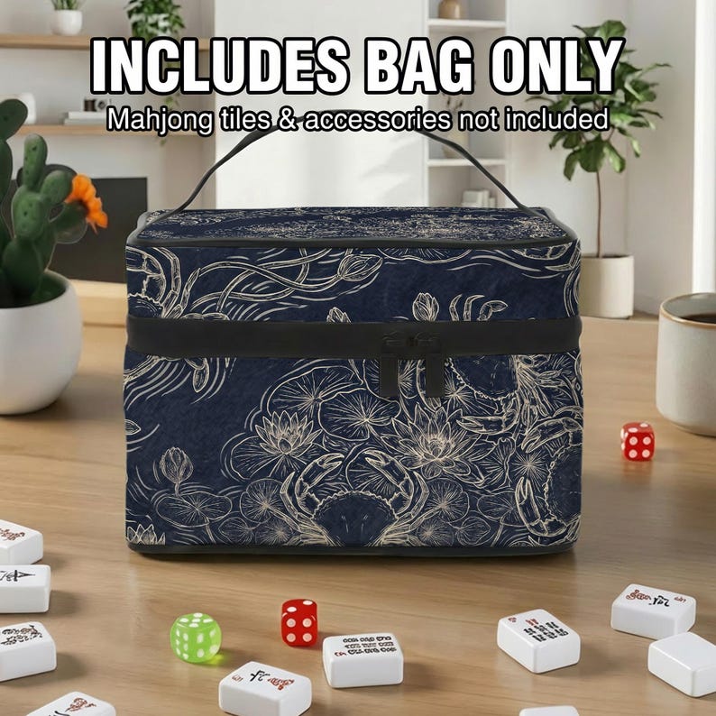 a blue and white patterned bag placed on a wooden surface, surrounded by playing tiles and dice.