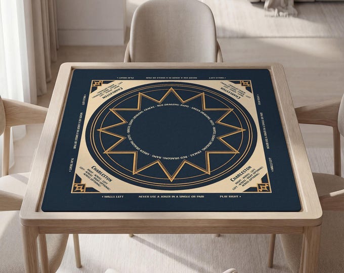 Personalized Mahjong Mat with Instructions, Art Deco Design Navy Gold, Bag Included